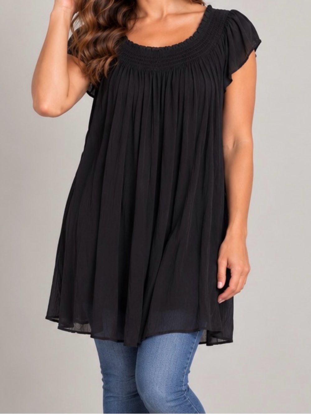 Talula Aritzia Black Crinkle Smocked Tunic Top Mini Dress S